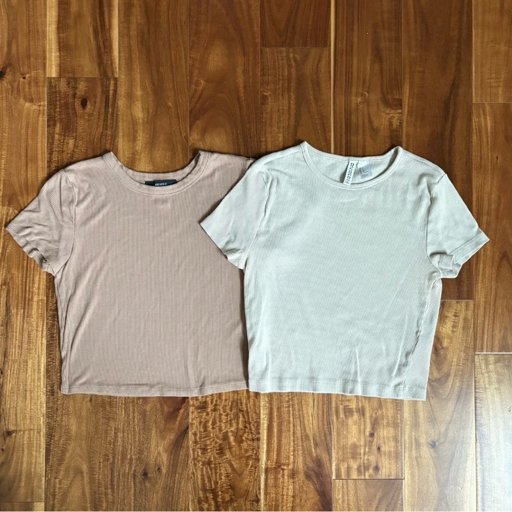Women’s Solid Ribbed Short Sleeve T Shirts Basic Tan Tops Casual Tee L Set Of 2